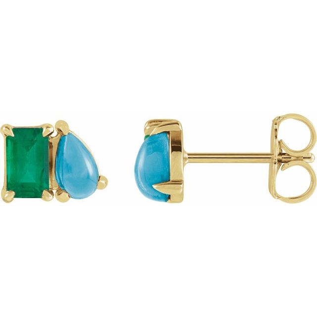 14K Rose Lab-Grown Emerald & Natural Turquoise Two-Stone Stud Earrings