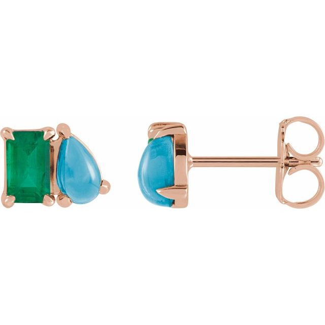 14K Rose Lab-Grown Emerald & Natural Turquoise Two-Stone Stud Earrings