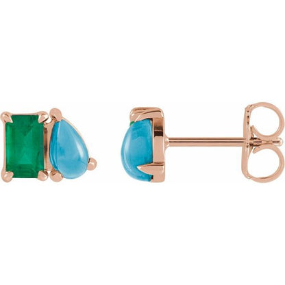 14K Rose Lab-Grown Emerald & Natural Turquoise Two-Stone Stud Earrings