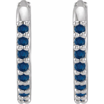 14K White Lab-Grown Blue Sapphire Hinged  Hoop Earrings