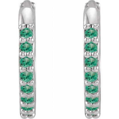 14K White Lab-Grown Emerald Hinged  Hoop Earrings