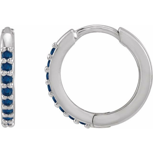 14K White Lab-Grown Blue Sapphire Hinged  Hoop Earrings