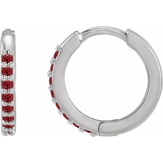 14K White Lab-Grown Ruby Hinged  Hoop Earrings