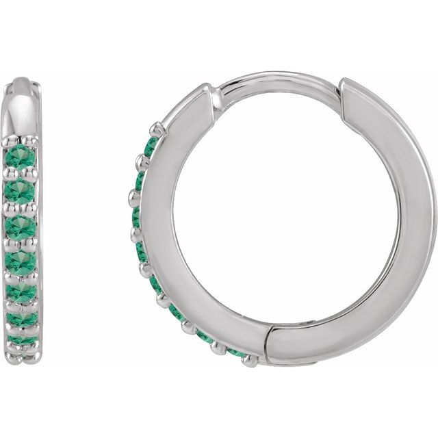 14K White Lab-Grown Emerald Hinged  Hoop Earrings