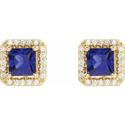 14K Yellow Lab-Grown Blue Sapphire & .08 CTW Natural Diamond Halo-Style Earrings