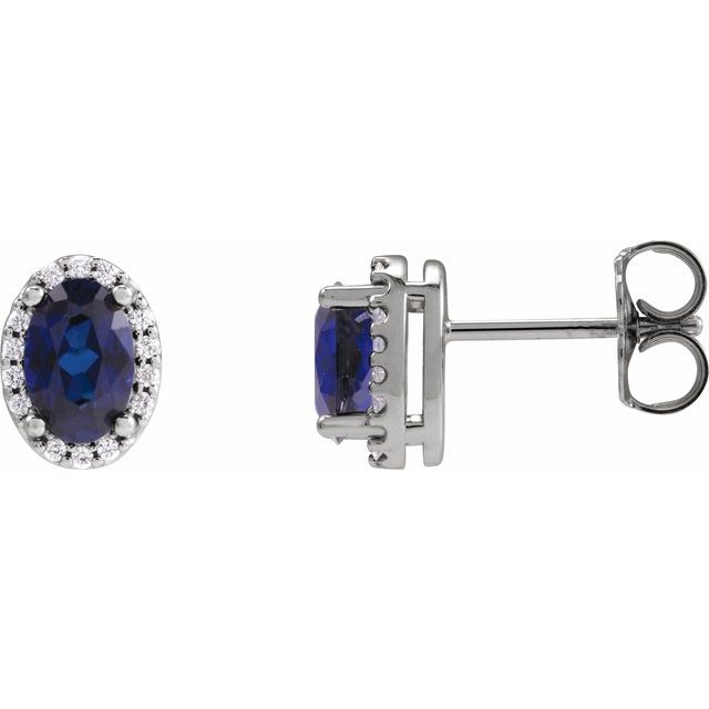 14K Yellow  Lab-Grown Blue Sapphire & .04 CTW Natural Diamond Halo-Style Earrings