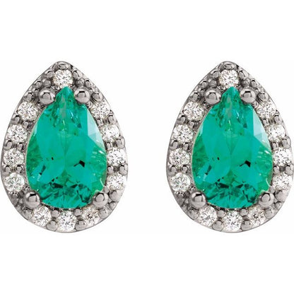 14K White Lab-Grown Emerald & .05 CTW Natural Diamond Halo-Style Earrings