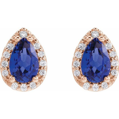 14K Rose Lab-Grown Blue Sapphire & .05 CTW Natural Diamond Halo-Style Earrings