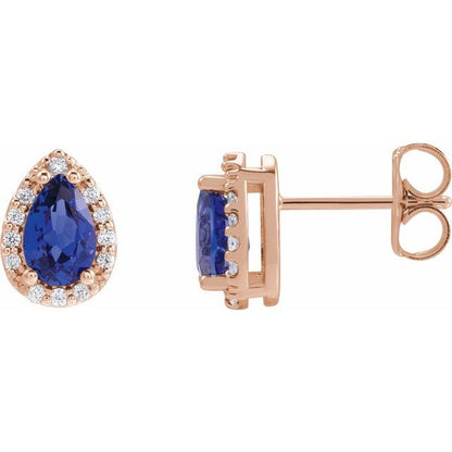14K Rose Lab-Grown Blue Sapphire & .05 CTW Natural Diamond Halo-Style Earrings
