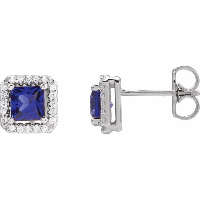 14K Yellow Lab-Grown Blue Sapphire & .08 CTW Natural Diamond Halo-Style Earrings