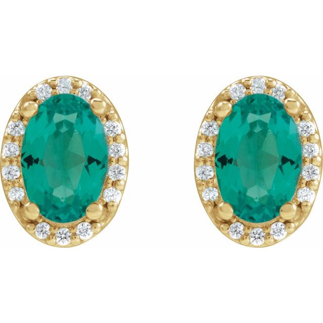 14K Yellow  Lab-Grown Emerald & .04 CTW Natural Diamond Halo-Style Earrings