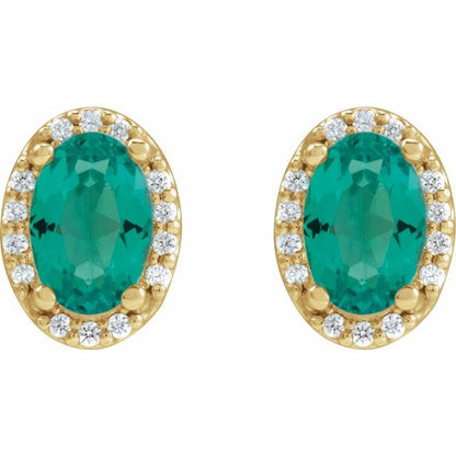 14K Yellow  Lab-Grown Emerald & .04 CTW Natural Diamond Halo-Style Earrings