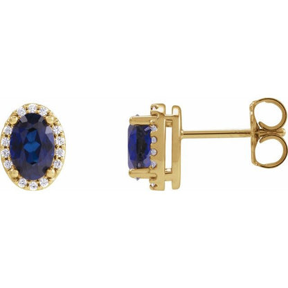 14K Yellow  Lab-Grown Blue Sapphire & .04 CTW Natural Diamond Halo-Style Earrings