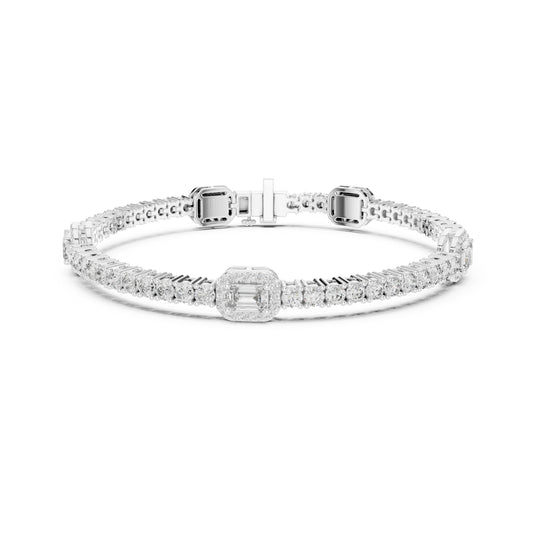 14 K Solid Yellow Gold Emerald Cut Natural Diamond Round Antique Stunning Perfect Line Bracelet Anniversary Gift For Her