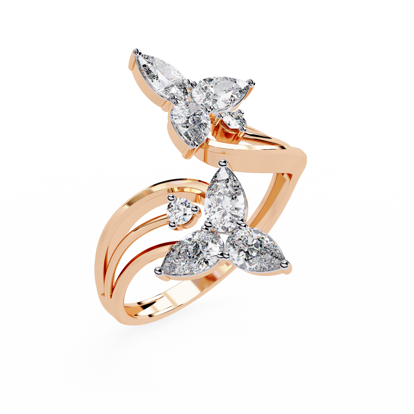 14k Yellow Gold Pear And Round Shape Elegant Antique Bypass Shank Vintage Natural Diamond Ring - HIGHCARAT DIAMONDS