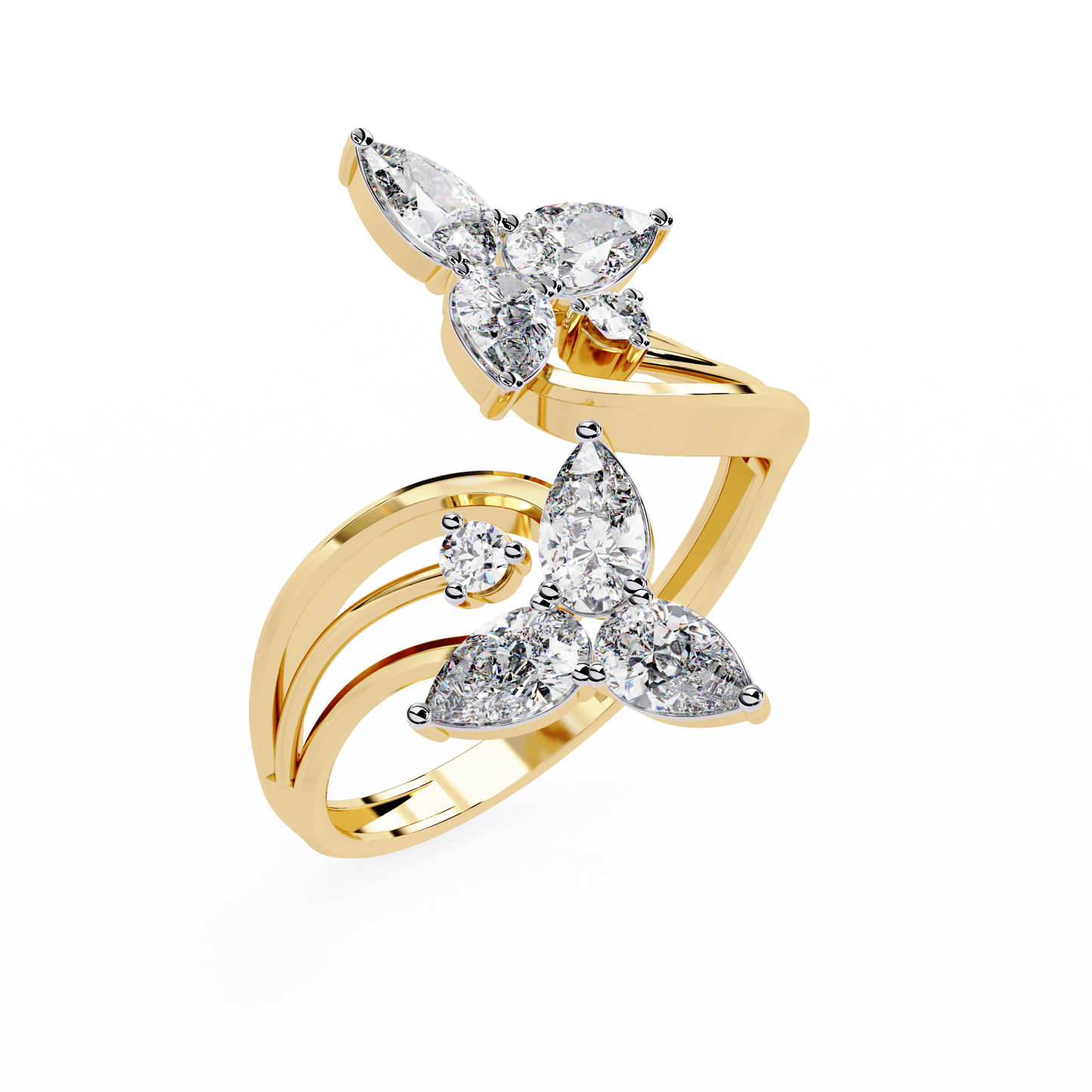 14k Yellow Gold Pear And Round Shape Elegant Antique Bypass Shank Vintage Natural Diamond Ring - HIGHCARAT DIAMONDS
