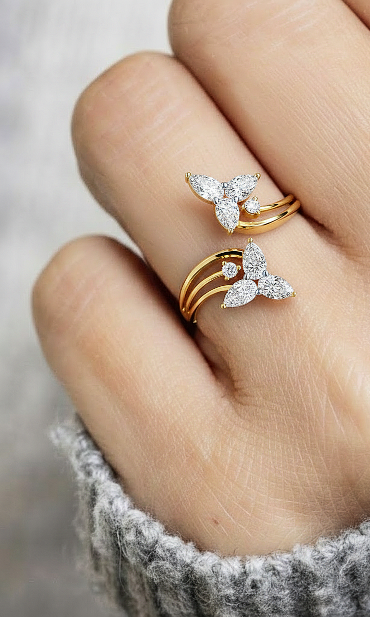 14k Yellow Gold Pear And Round Shape Elegant Antique Bypass Shank Vintage Natural Diamond Ring - HIGHCARAT DIAMONDS