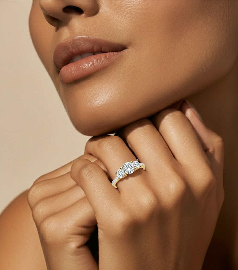 14K Gold Three Stone Engagement Ring With Side Stones 2.22 Ct Brilliant Round Cut lab grown Promise Ring - HIGHCARAT DIAMONDS #wearthelook