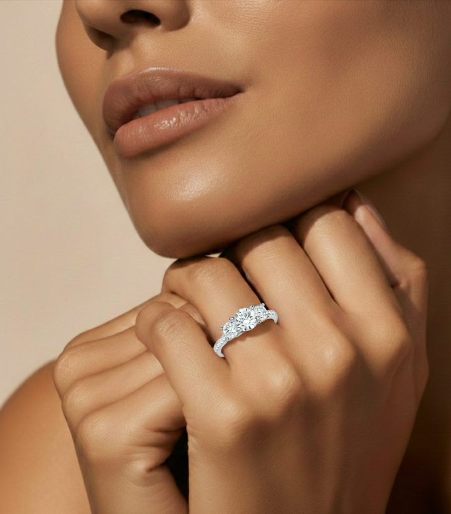 14K Gold Three Stone Engagement Ring With Side Stones 2.22 Ct Brilliant Round Cut lab grown Promise Ring - HIGHCARAT DIAMONDS #wearthelook