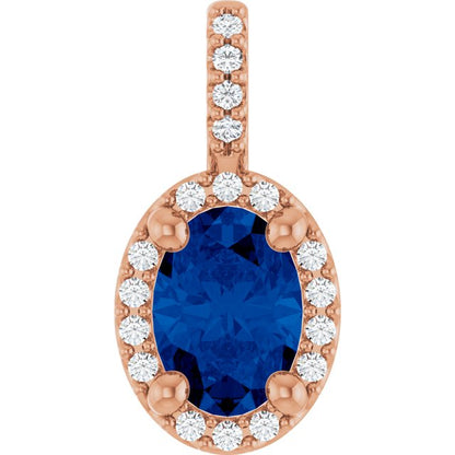 14K Rose Lab-Grown Blue Sapphire & .04 CTW Natural Diamond Halo-Style Pendant