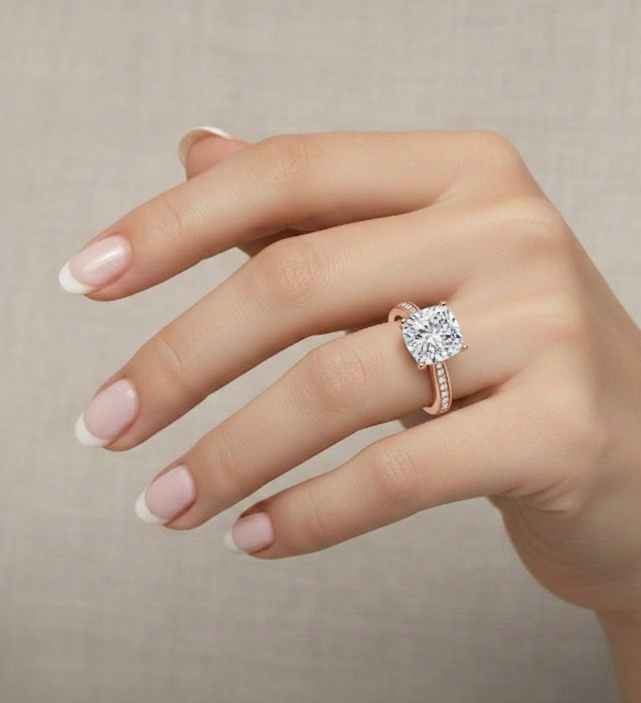 14K Solid Gold Cushion And Round lab Grown Diamond  Pave Set, Elegant Look Gift For her