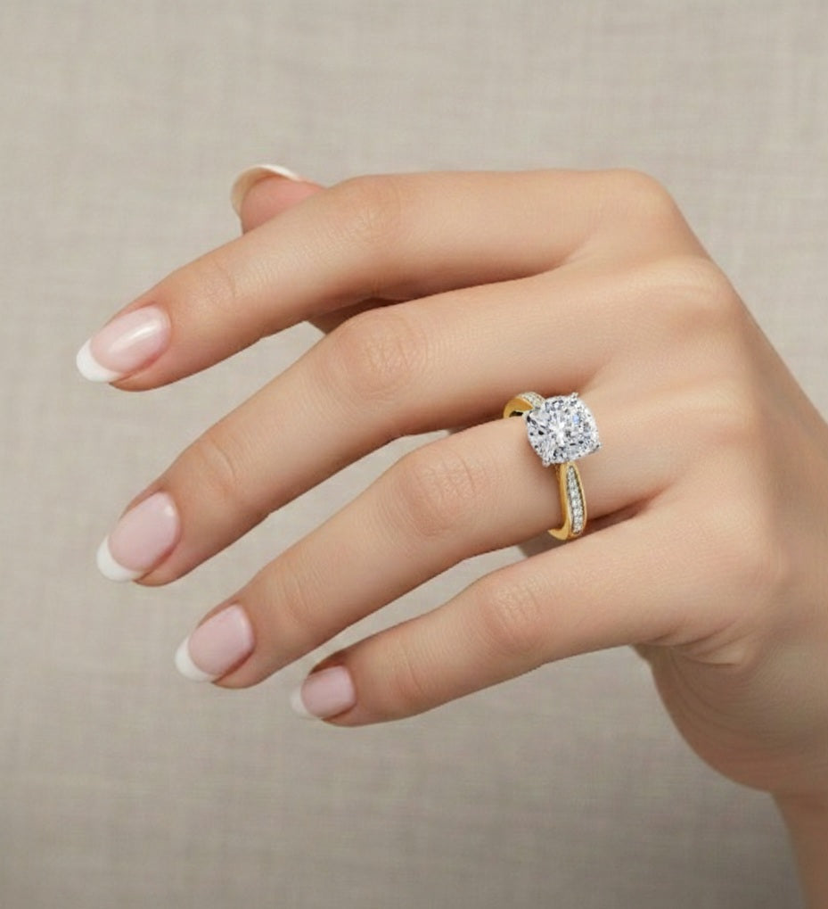 14K Solid Gold Cushion And Round lab Grown Diamond  Pave Set, Elegant Look Gift For her