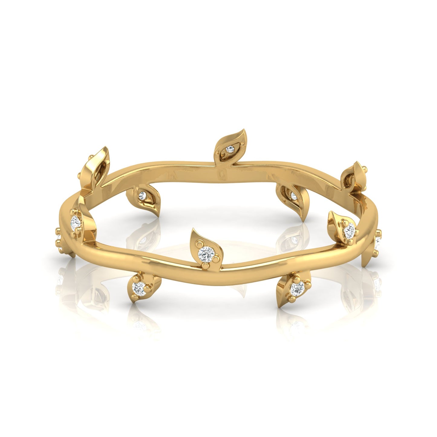14K Solid Gold Leaf Diamond Band Ring for Women Nature-Inspired Everyday Wear Jewelry