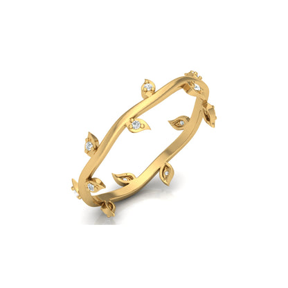 14K Solid Gold Leaf Diamond Band Ring for Women Nature-Inspired Everyday Wear Jewelry