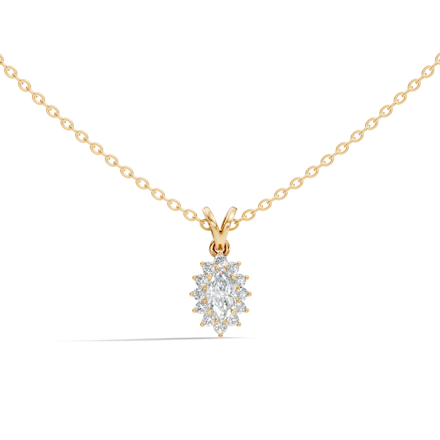 14K Solid Gold Vintage Halo Pendant with Marquise Cut Lab-Grown Diamond