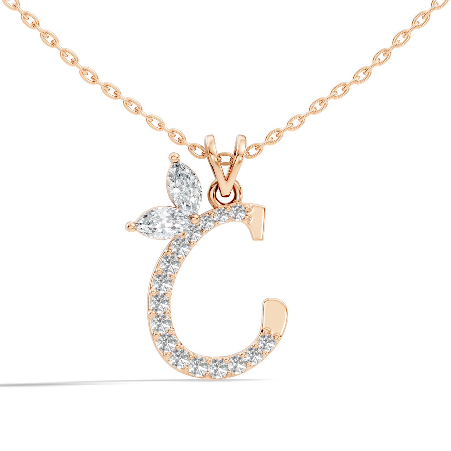 14K Solid Yellow Gold Marquise and Round Cut Diamond C Alphabet Pendant For Her