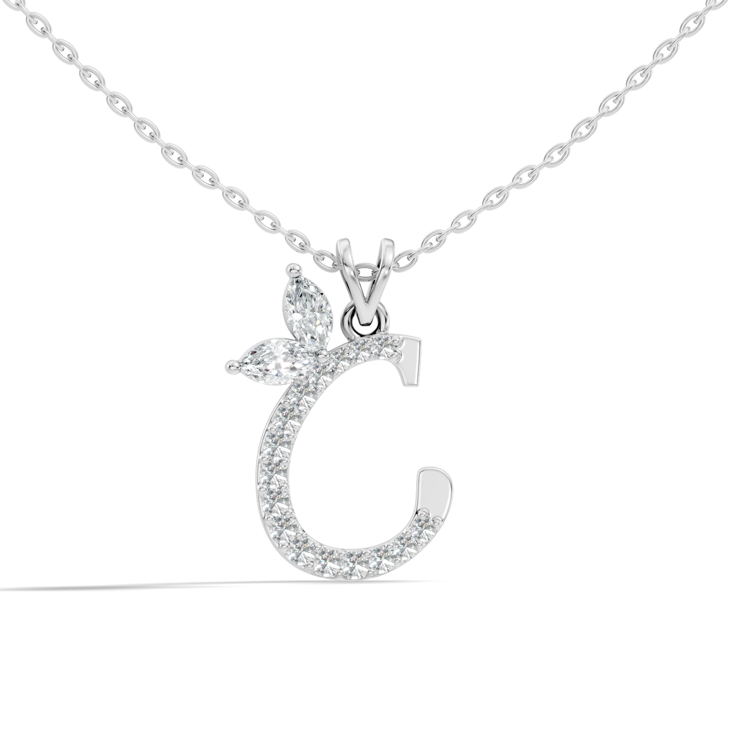 14K Solid Yellow Gold Marquise and Round Cut Diamond C Alphabet Pendant For Her