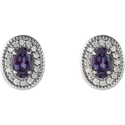 14k-white--lab-grown-alexandrite-&-1/8-ctw-natural-diamond-halo-style-earrings