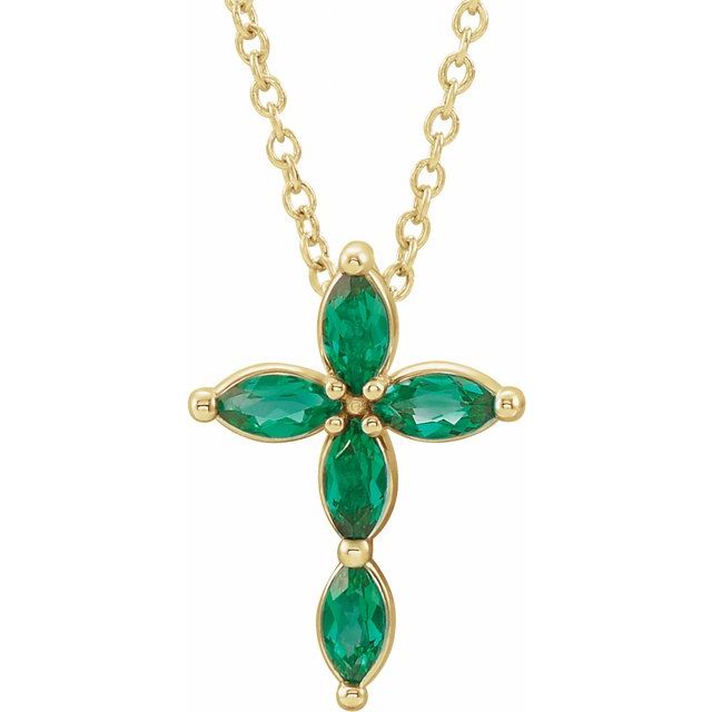 14K White Lab-Grown Emerald Cross 16-18" Pendant
