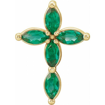 14K White Lab-Grown Emerald Cross Pendant