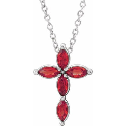 14K White Lab-Grown Ruby Cross 16-18" Pendant