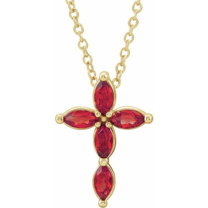 14K White Lab-Grown Ruby Cross 16-18" Pendant