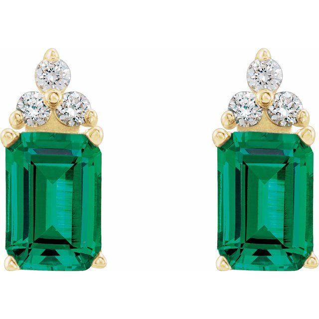 14k-yellow-lab-grown-emerald-&-1/8-ctw-natural-diamond-earrings