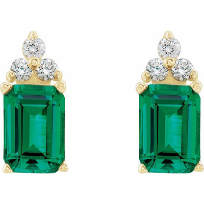 14k-yellow-lab-grown-emerald-&-1/8-ctw-natural-diamond-earrings