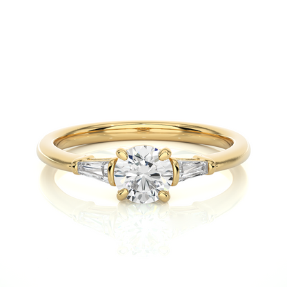 14k Solid Gold Round & Baguette Cut Lab Grown  Diamond Engagement Three stone Gift For Her