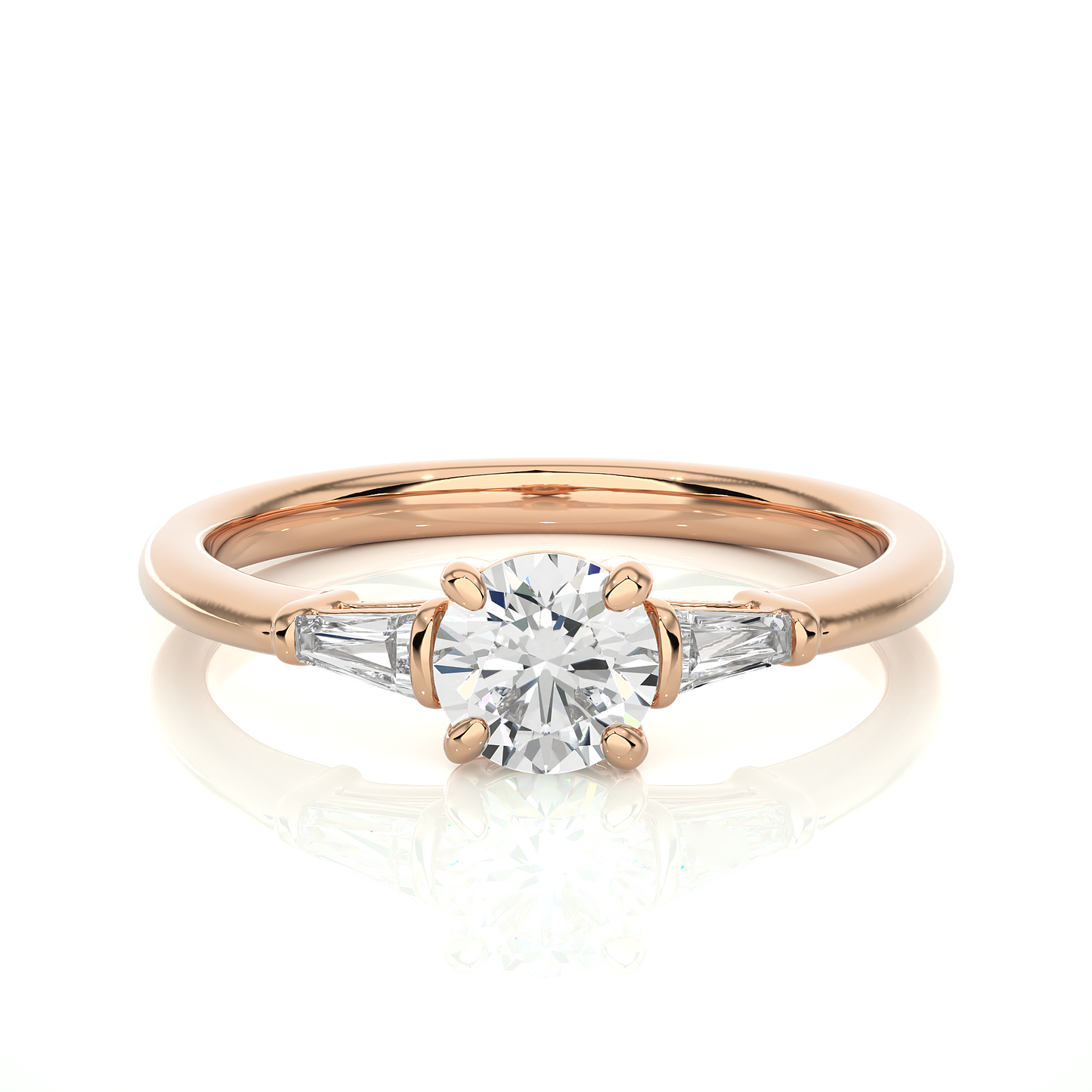 14k Solid Gold Round & Baguette Cut Lab Grown  Diamond Engagement Three stone Gift For Her