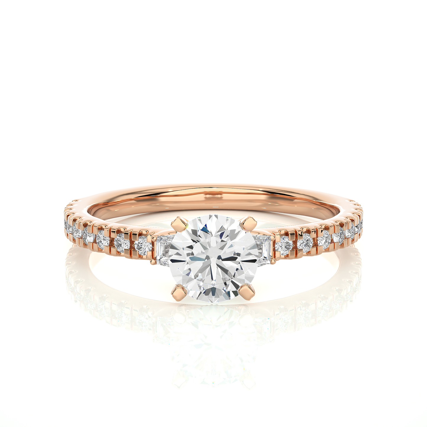 14k Solid Rose Gold Round Cut Lab Grown and Baguette Diamond, Three stone Engagement Proposal Anniversary Ring