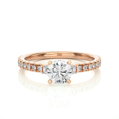 14k Solid Rose Gold Round Cut Lab Grown and Baguette Diamond, Three stone Engagement Proposal Anniversary Ring