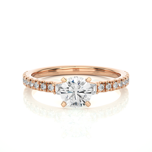 14k Solid Rose Gold Round Cut Lab Grown and Baguette Diamond, Three stone Engagement Proposal Anniversary Ring - HIGHCARAT DIAMONDS