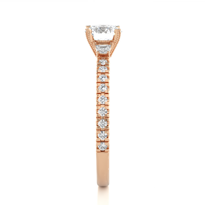 14k Solid Rose Gold Round Cut Lab Grown and Baguette Diamond, Three stone Engagement Proposal Anniversary Ring