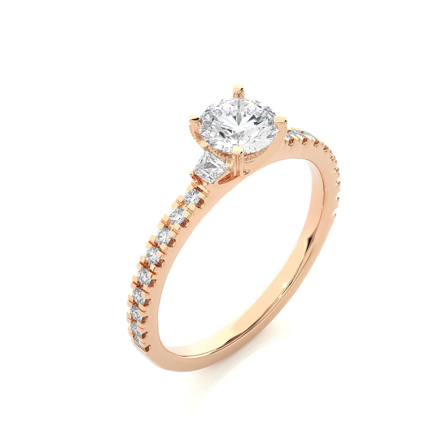 14k Solid Rose Gold Round Cut Lab Grown and Baguette Diamond, Three stone Engagement Proposal Anniversary Ring