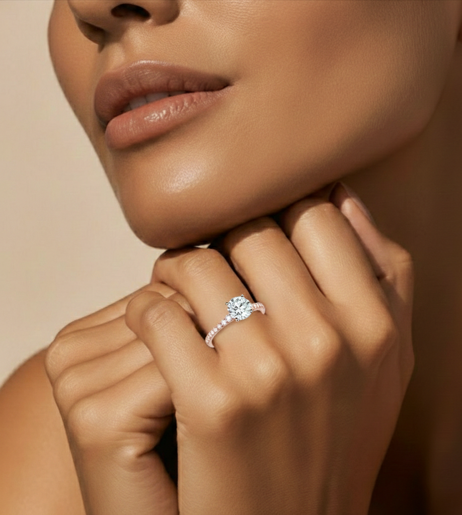 14k Solid Rose Gold Round Cut Lab Grown and Baguette Diamond, Three stone Engagement Proposal Anniversary Ring