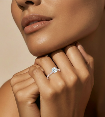 14k Solid Rose Gold Round Cut Lab Grown and Baguette Diamond, Three stone Engagement Proposal Anniversary Ring