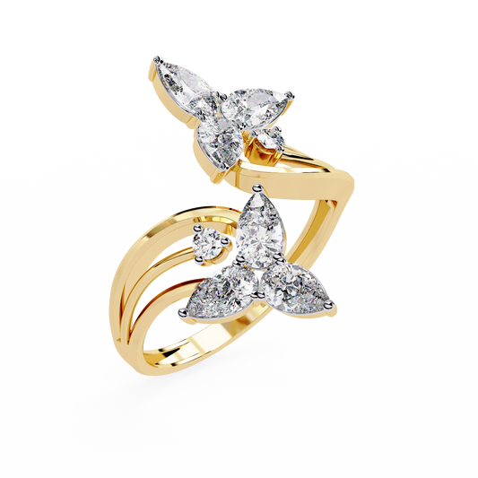 14k Yellow Gold Pear And Round Shape Elegant Antique Bypass Shank Vintage Natural Diamond Ring - HIGHCARAT DIAMONDS
