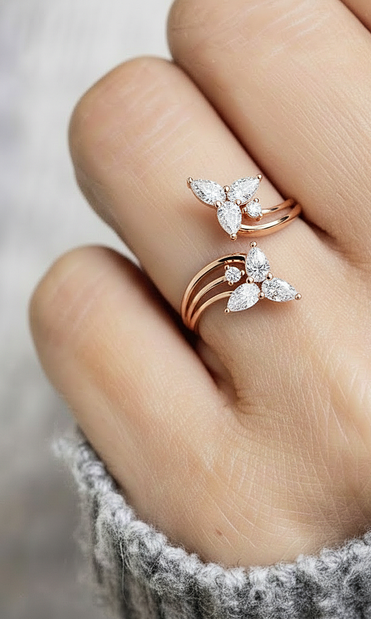 14k Yellow Gold Pear And Round Shape Elegant Antique Bypass Shank Vintage Natural Diamond Ring