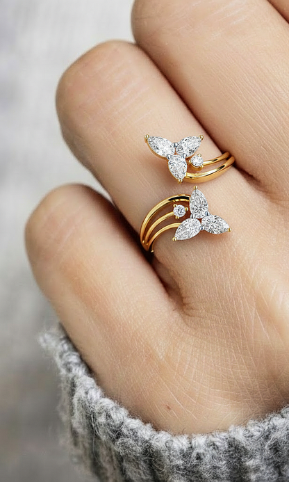 14k Yellow Gold Pear And Round Shape Elegant Antique Bypass Shank Vintage Natural Diamond Ring